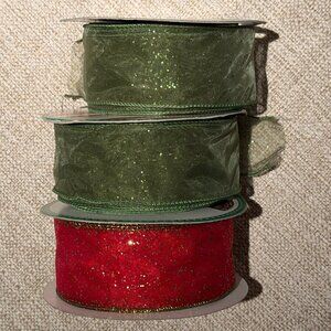 Sam's Club Wired Designer Ribbon 3 Roll Bundle Sheer Red and Green Glitter 2.5"